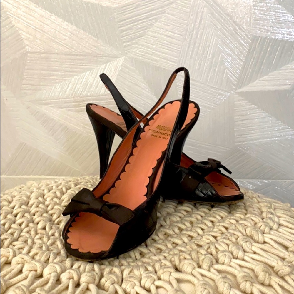 Moschino snakeskin sling back with bow peep toe